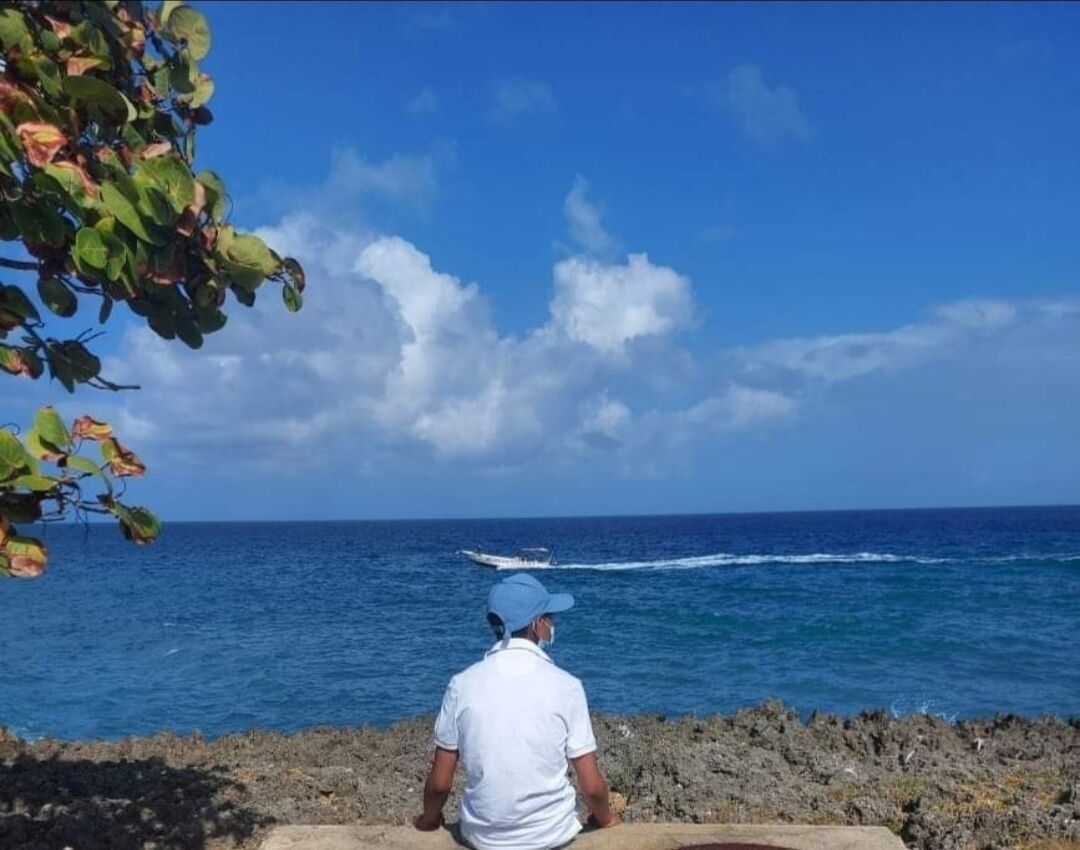 A man sitting on a bench overlooking the ocean with a boat in the distance.