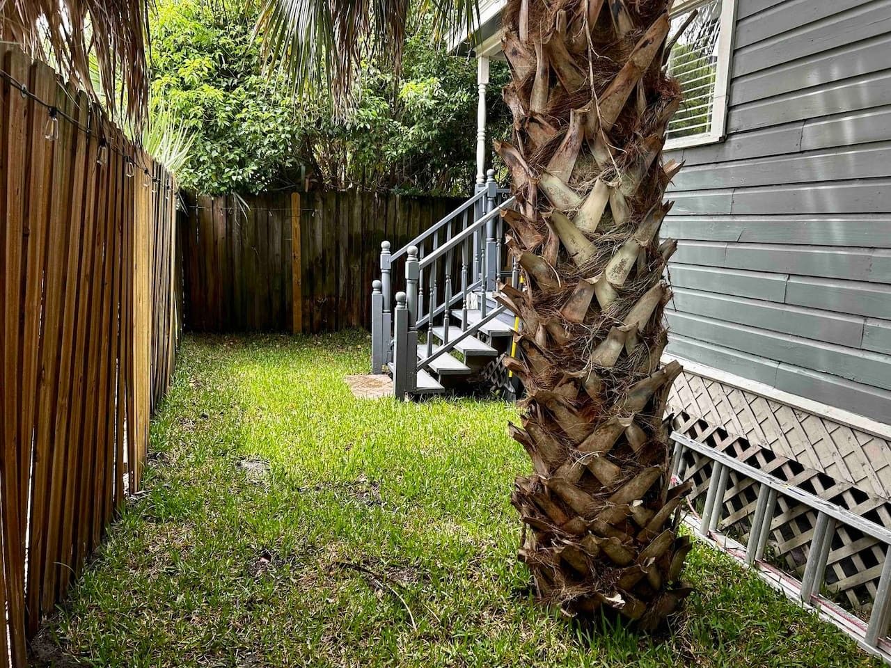 A backyard with a staircase leading to a porch, a palm tree, and a wooden fence.