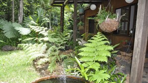 A lush garden with a pond, ferns, and hanging planters. - Tropical Bliss BNB (Utchee Creek)