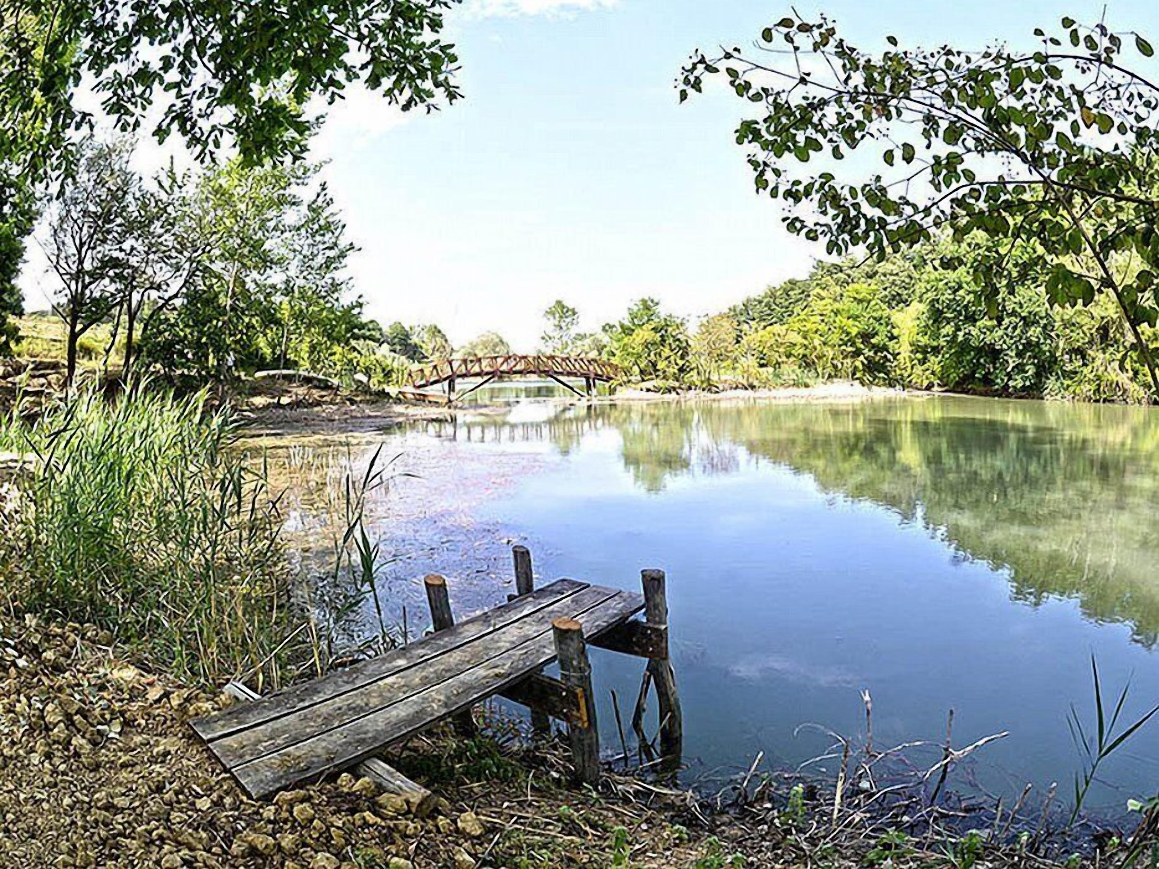 Eine Holzstege führt in eine ruhige Seenlandschaft, umgeben von üppiger Vegetation, mit einer ländlichen Brücke im Hintergrund.