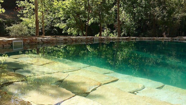 Une piscine aux eaux cristallines, avec des marches en pierre menant à l’intérieur, entourée d’arbres.