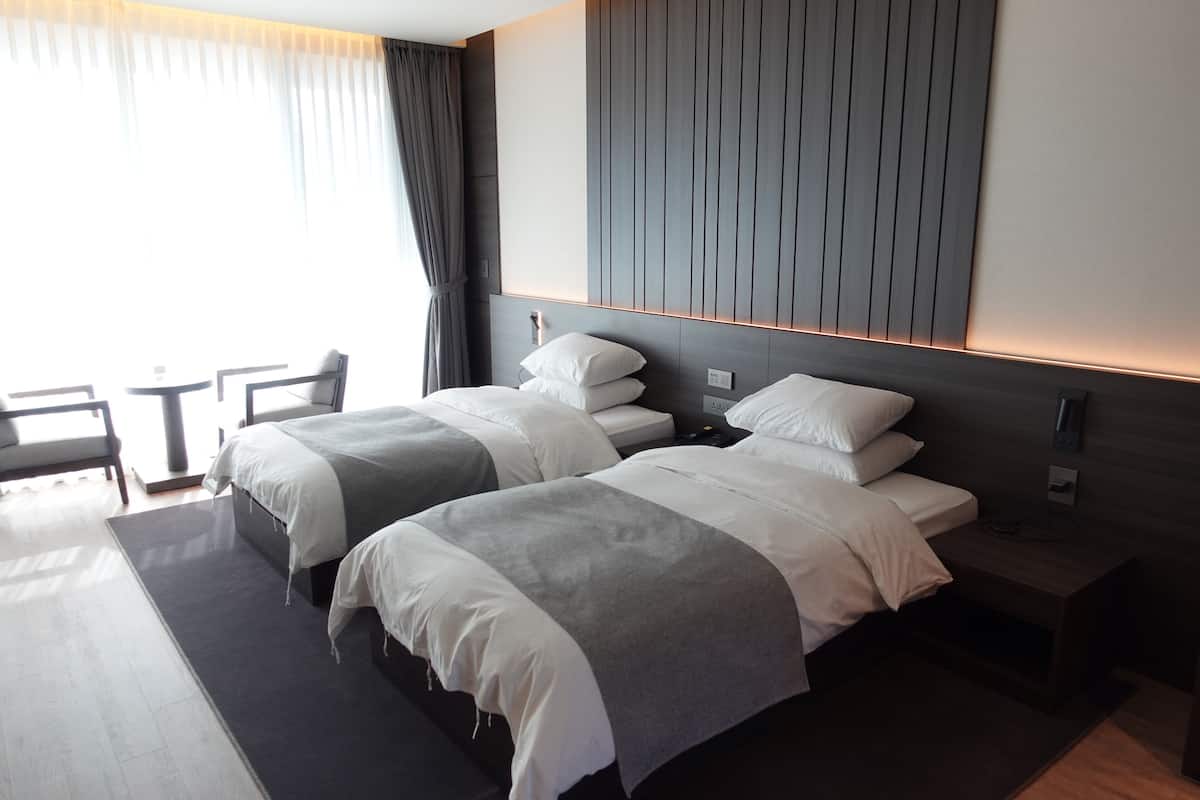 Una habitación de hotel moderna con dos camas, una mesita y una silla.