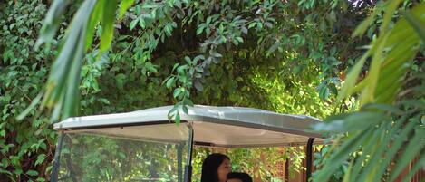 A golf cart with a driver and a passenger, surrounded by greenery.
