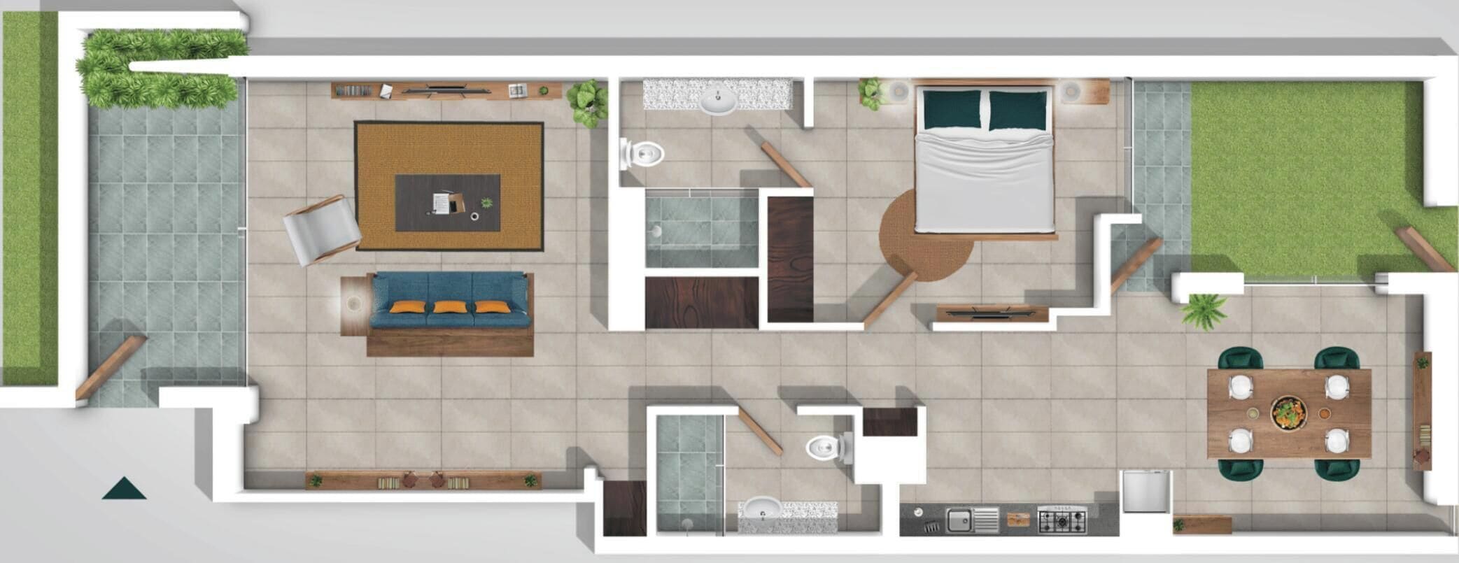 Plan d’étage d’un appartement moderne comprenant un salon, une cuisine, un coin repas, deux chambres et une salle de bain.