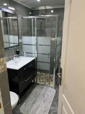 Douche, sèche-cheveux, serviettes fournies, savon