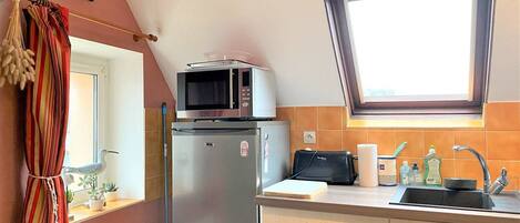 A compact kitchen with a microwave, refrigerator, and sink.
