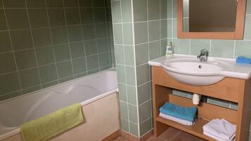 Hair dryer, towels, soap