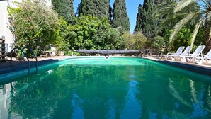 A swimming pool with clear blue water, surrounded by palm trees and a wooden deck with lounge chairs. - YalaRent Valley view complex In Merhavia with Private heated Pool (Emek Izrael)