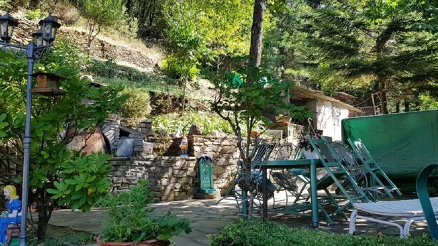 Un muro in pietra con una panchina rustica e una sedia verde, immerso nel verde con una struttura in legno sullo sfondo.