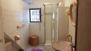 Shower, towels, toilet paper