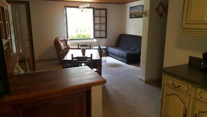 Un'ampia zona giorno con tavolo da pranzo, sedie, divano e angolo cottura con pensili.
