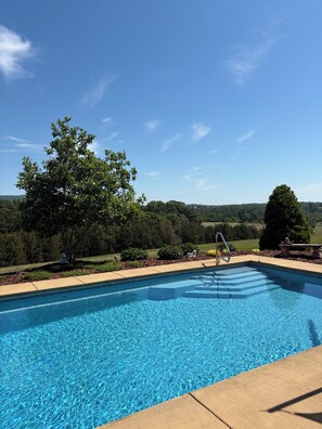 A rectangular swimming pool with clear blue water, surrounded by a concrete deck and a landscaped garden with trees and shrubs.