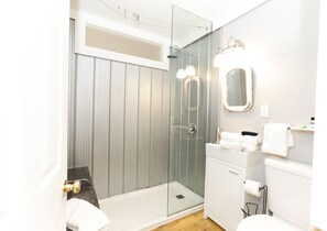 A modern bathroom with a glass-enclosed shower, a white vanity with a mirror, and a toilet. - Jackson's Falls Country Inn (Prince Edward)