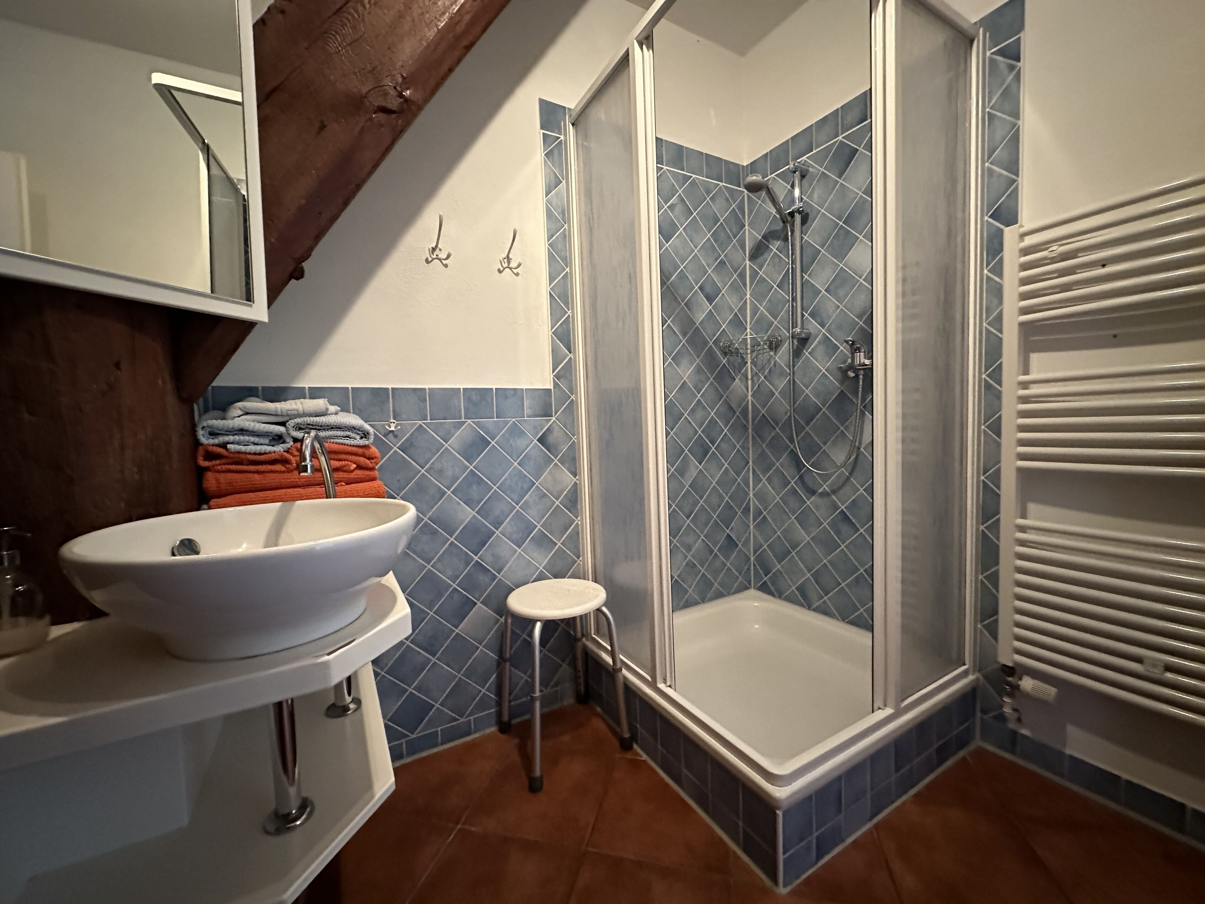 A bathroom with a sink, a small stool, a shower with a glass door, and a towel rack.