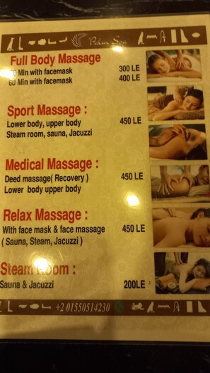A menu listing massage services and prices at a spa. - Aqua palms resort hurghada  (Hurghada)