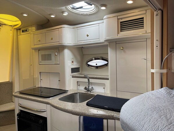 Fridge, microwave, cookware/dishes/utensils, spices