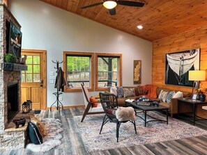 Smart TV, lareira, videogames, livros