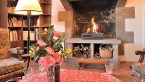 A cozy living room with a fireplace, bookshelves, a floral sofa, and a table with a vase of flowers. - Ker Vignan by Interhome (Ile Grande)