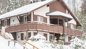 Una gran chaleta de varios pisos con un balcón y un área exterior cubierta, rodeada de árboles cubiertos de nieve.
