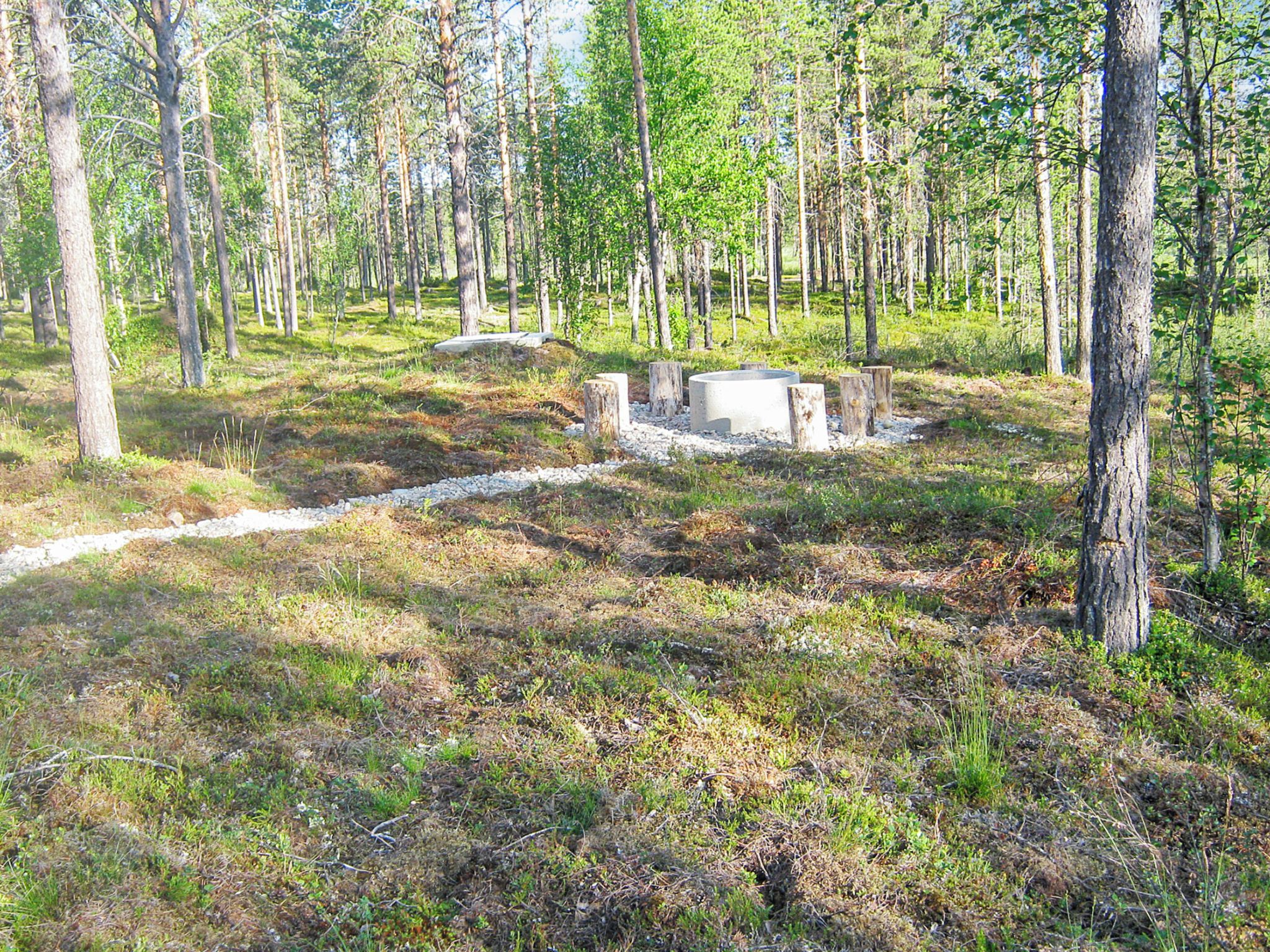 Zona boscosa con un sendero de grava que lleva a un claro con una estructura de hormigón.