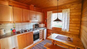 Fridge, microwave, cookware/dishes/utensils