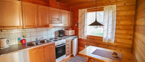 Fridge, microwave, cookware/dishes/utensils