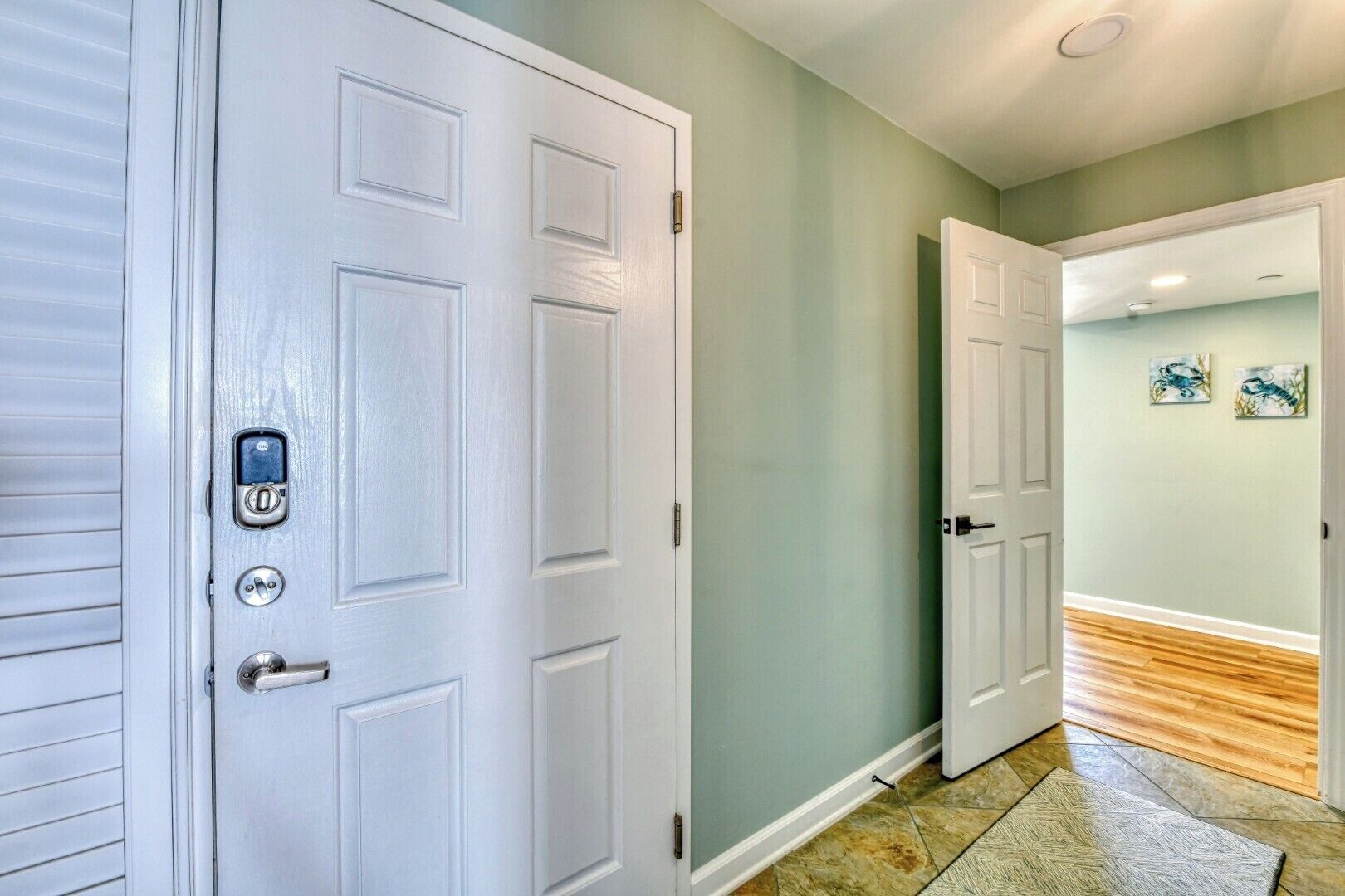 A hallway with white doors, a light green wall, and a wooden floor.