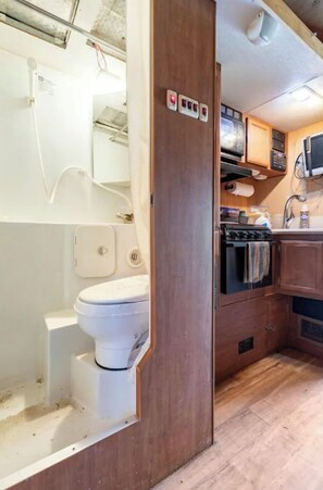 Shower, towels, soap, toilet paper