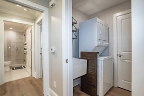 Eco-friendly toiletries, hair dryer, towels