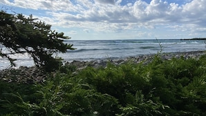 A coastal landscape with a view of the sea and a rocky shoreline.
