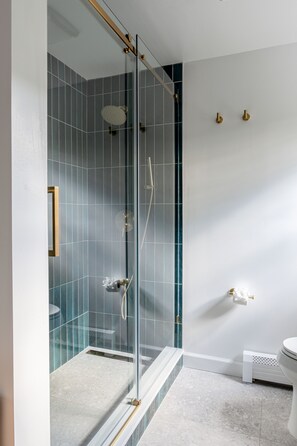 Regadera, tina de hidromasaje, secadora de cabello, toallas 