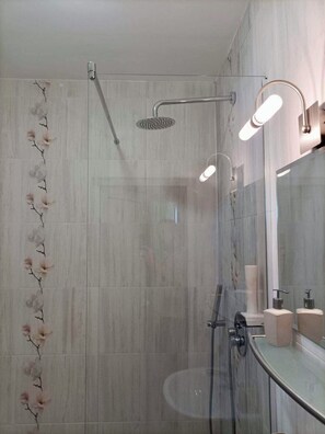 Ducha, secador de pelo, toallas y jabón