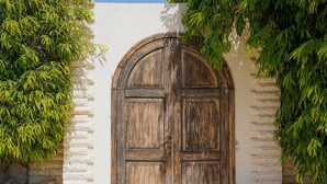 Una puerta de madera grande con un muro de piedra y un árbol a la izquierda.