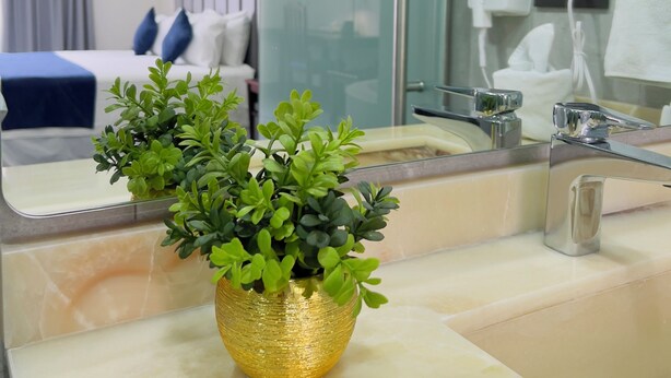 Une salle de bain d’hôtel avec un vase doré contenant des plantes vertes, un miroir, un lavabo et un espace douche.