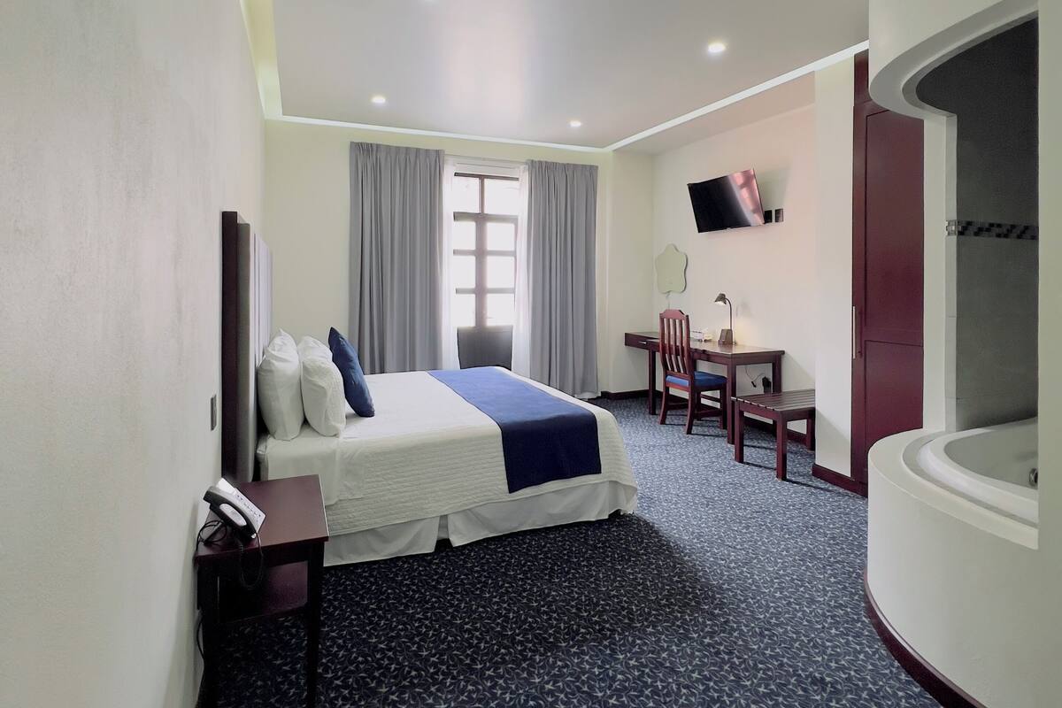 Una habitación de hotel con cama, escritorio, silla, televisor y baño.