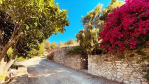 A gravel road flanked by stone walls and lush greenery.
