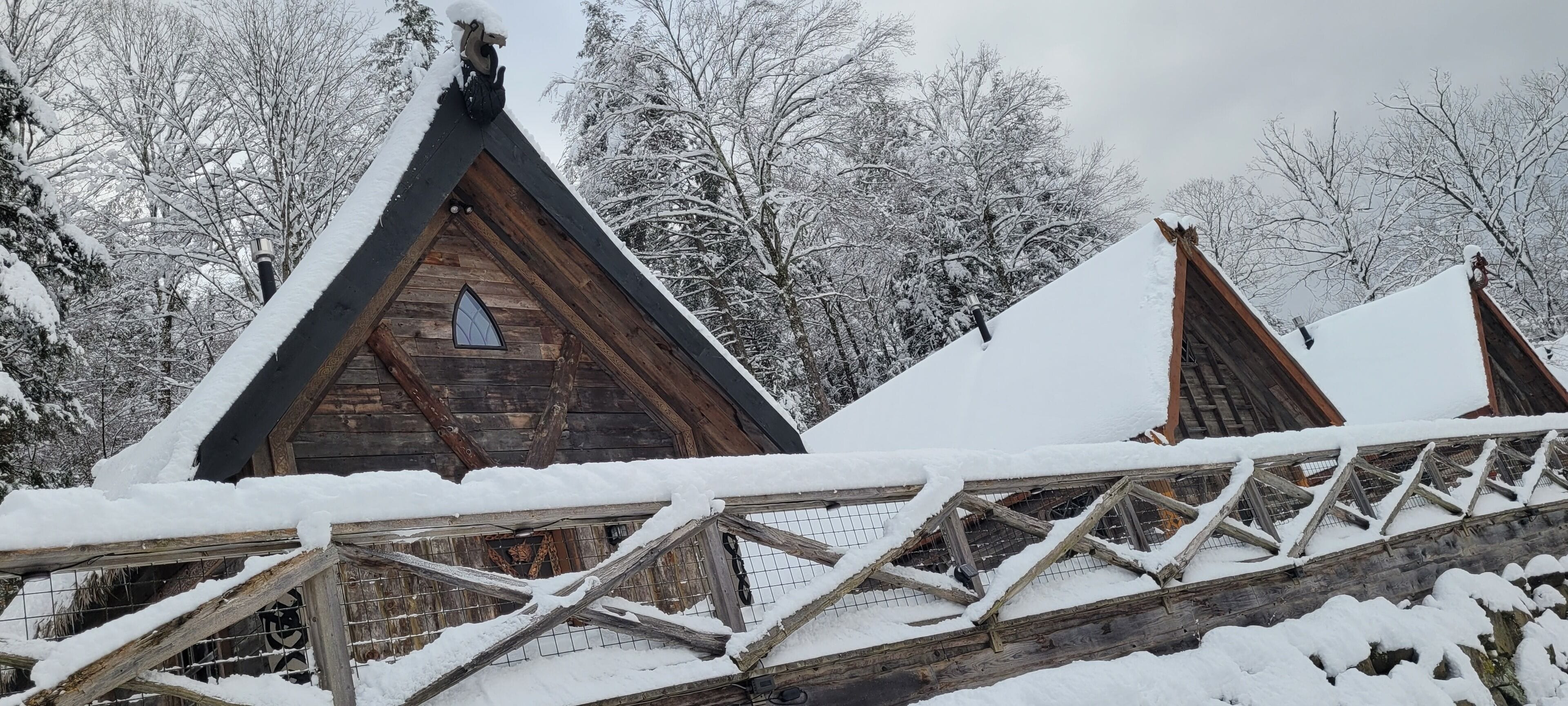 Una cabaña de madera con techo empinado, rodeada de árboles cubiertos de nieve.