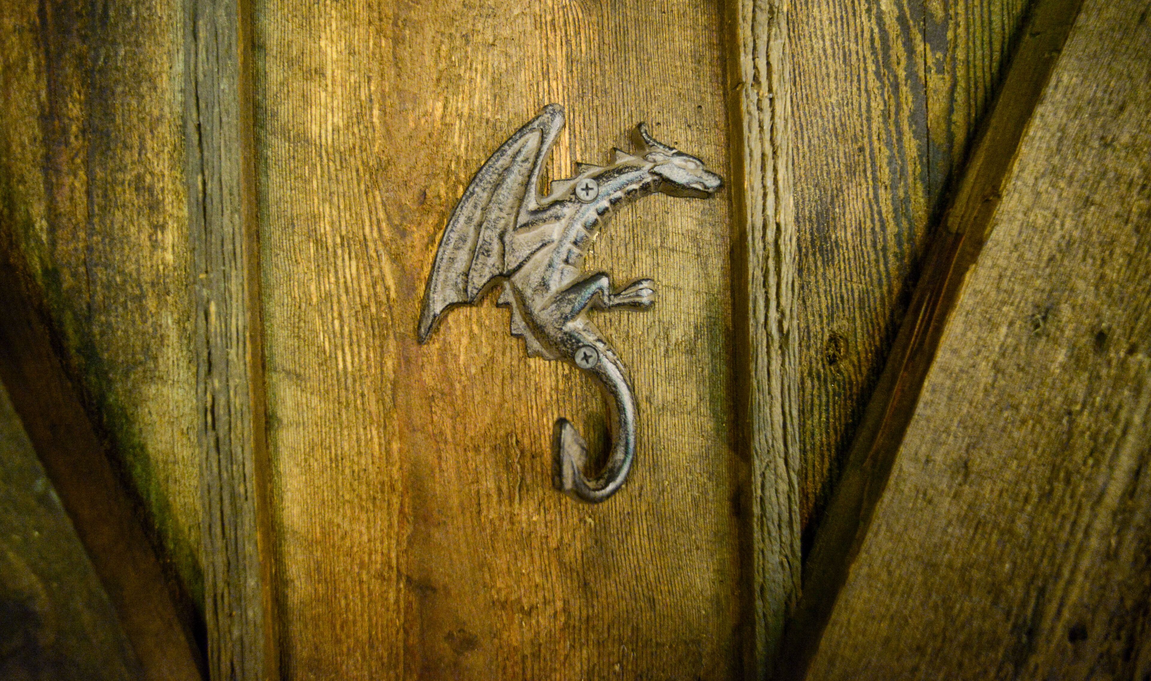 A dragon emblem on a wooden surface.