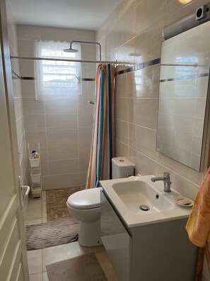 Douche, séchoir à cheveux, serviettes fournies