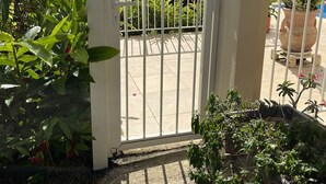 Een poort met uitzicht op weelderige begroeiing en verre bergen.