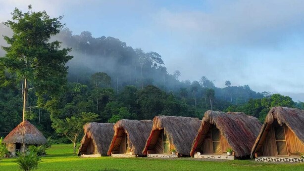 Cabanas com telhado de palha dispostas em fila, com um campo gramado em primeiro plano e uma colina arborizada ao fundo.
