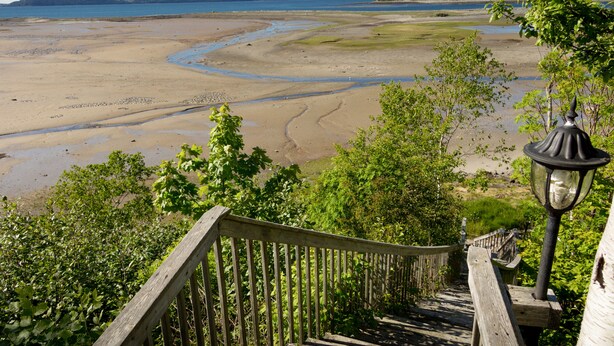 Un escalier en bois mène à une plateforme d’observation qui surplombe une plage, avec une mer calme et des collines lointaines.