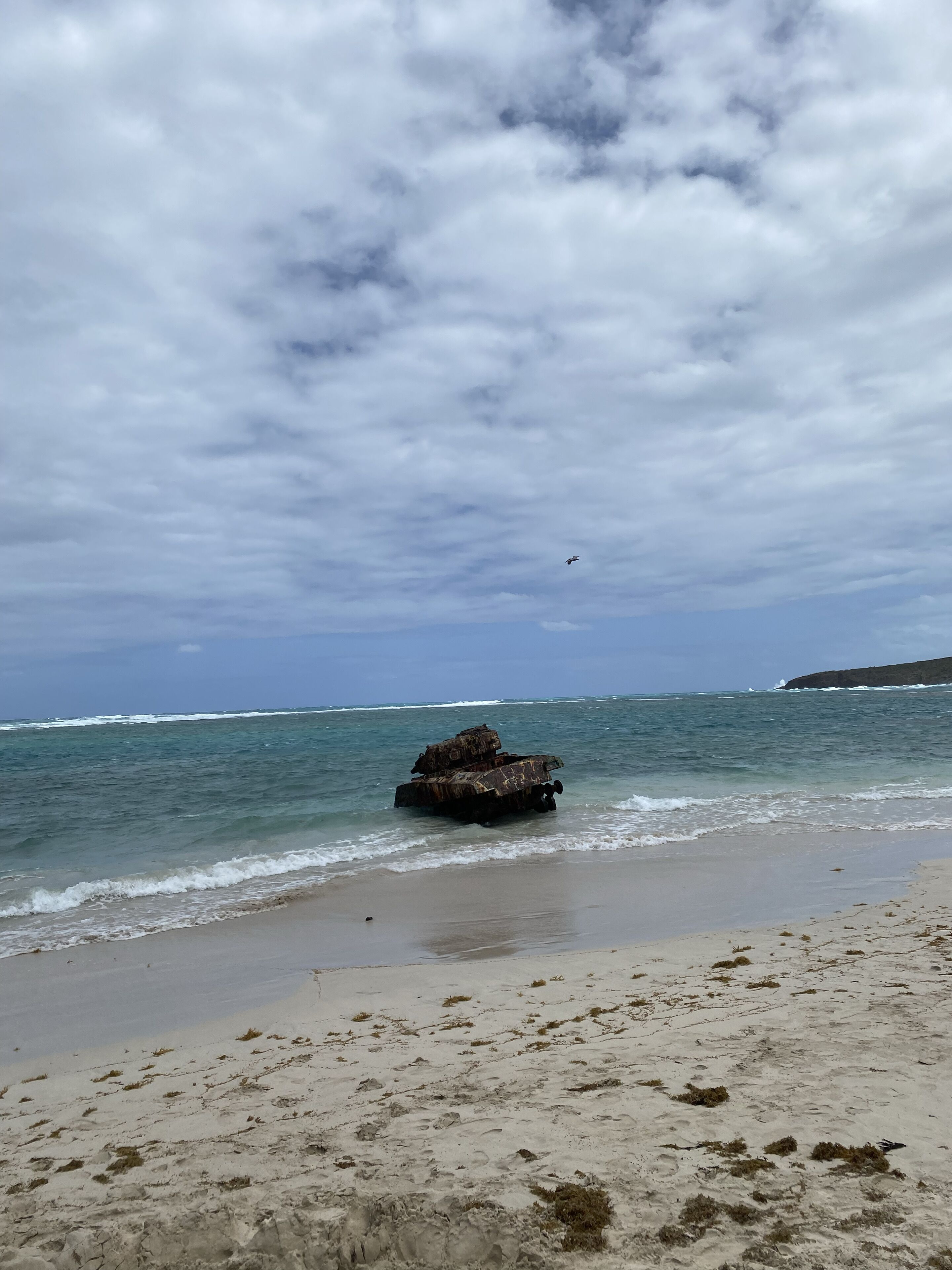 A beach with a tank on the shore, waves, and a cloudy sky.