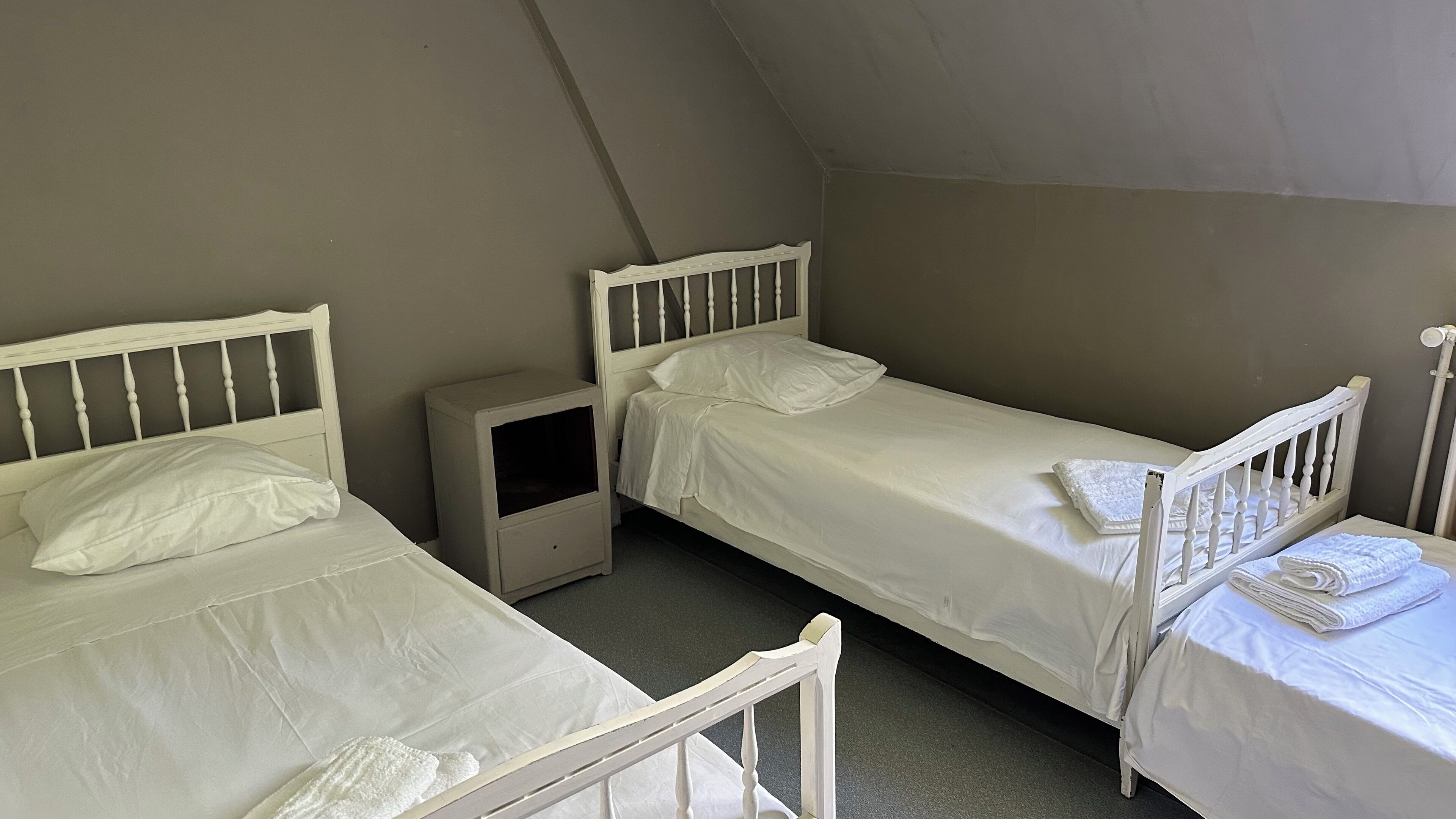 Two single beds with white headboards and footboards, a small bedside table, and a wall-mounted radiator.