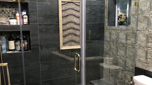 Un baño moderno con ducha de vidrio, inodoro y tocador con repisas.