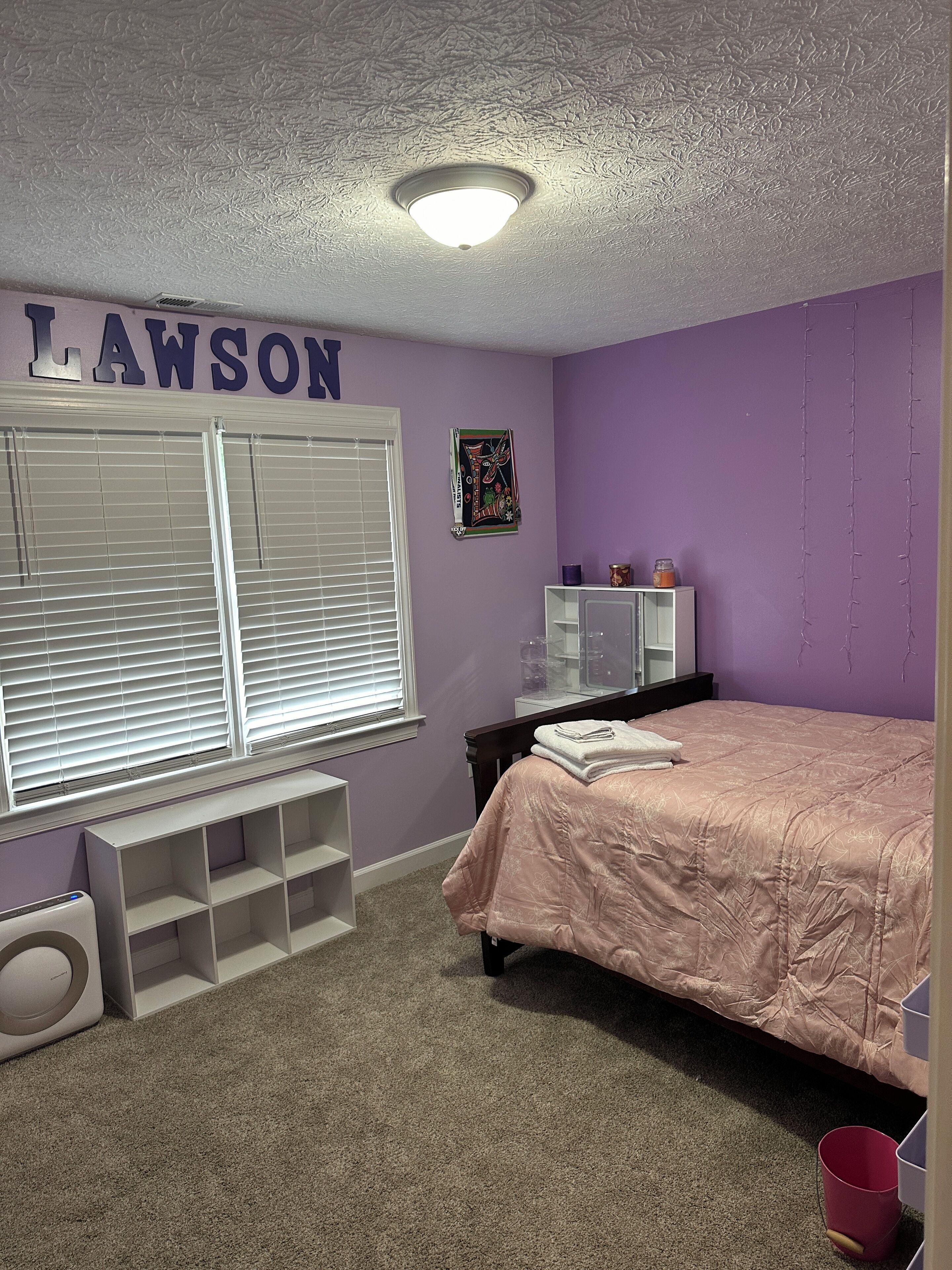 A bedroom with a bed, a window with blinds, a radiator, a shelf unit, and a wall-mounted artwork.