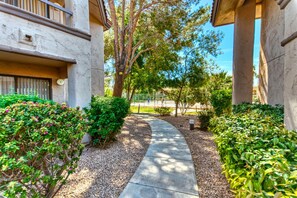 A pathway leading to a building with a covered outdoor area, surrounded by greenery and trees. - The Cactus Flower at McCormick Ranch (Scottsdale)