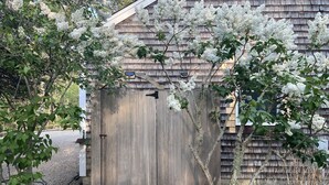 Un cobertizo de madera con puerta metálica, rodeado de árboles y arbustos.