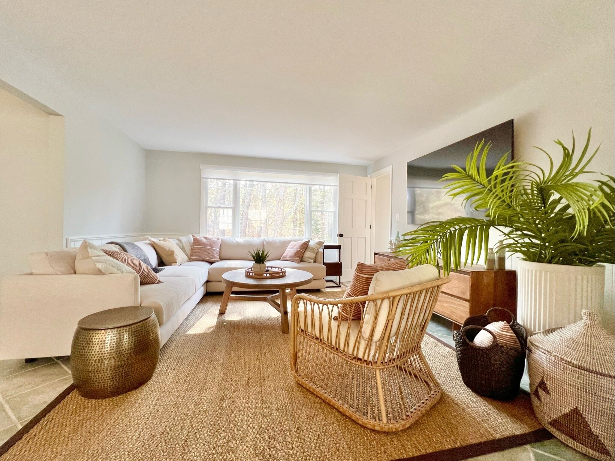 A living room with a sectional sofa, a round coffee table, a wicker armchair, and a large potted plant.