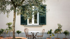 An outdoor seating area with a table and chairs, surrounded by potted plants and a window with shutters. - Palazzo Dasso (Viterbo)
